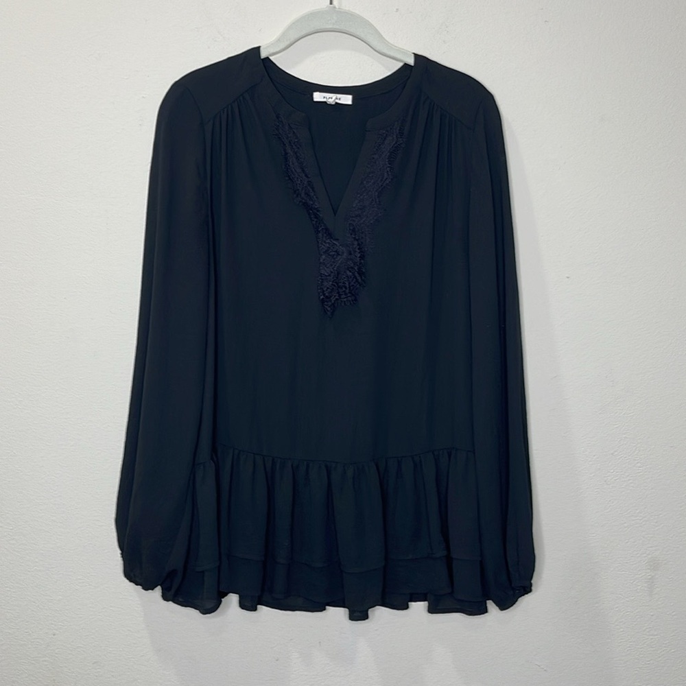 Pleione Women’s Black Ruffle V-Neck Peplum Boho Blouse Top